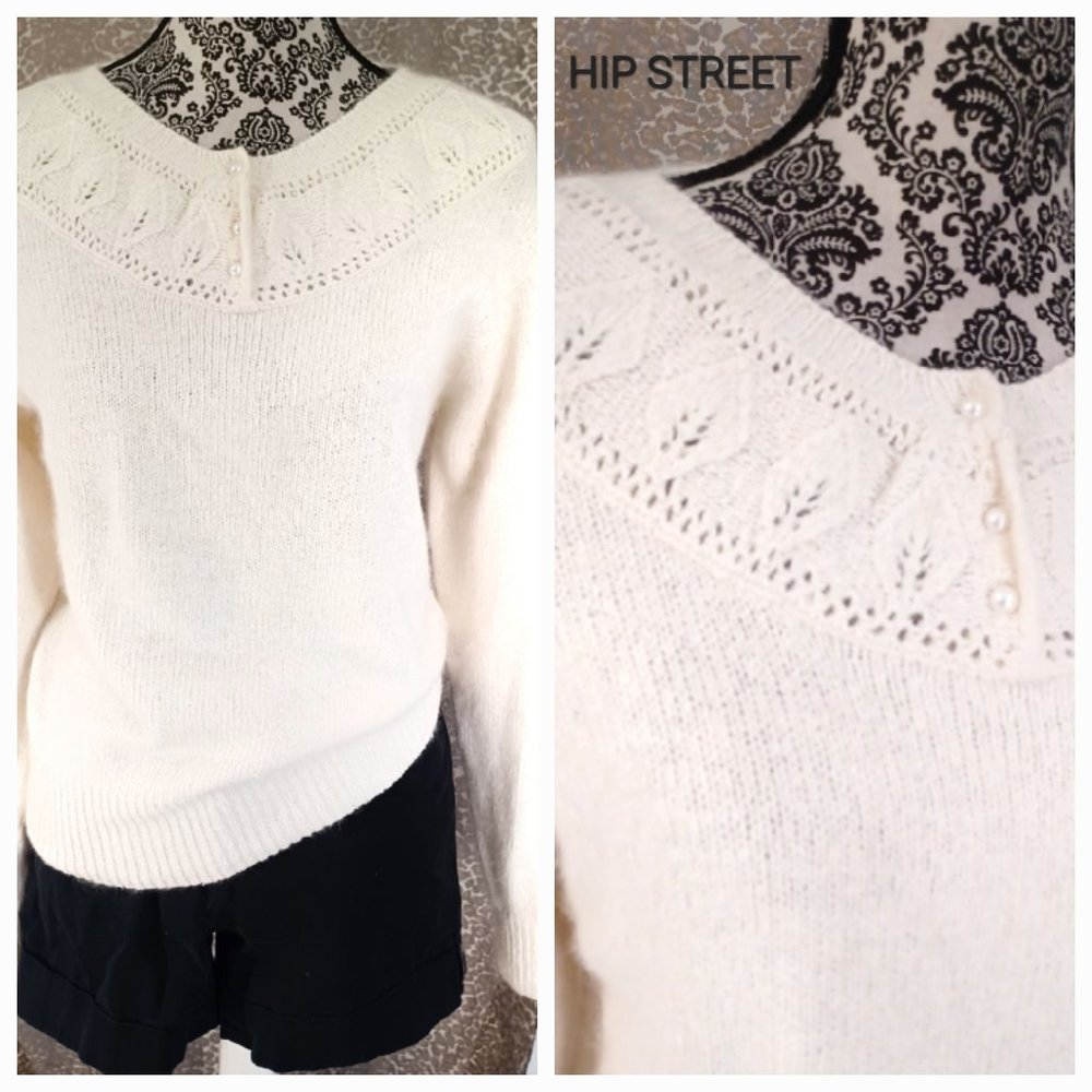 VINTAGE 80'S Carriage Court Silk/Angora Shell Yoke Pattern LS Sweater M